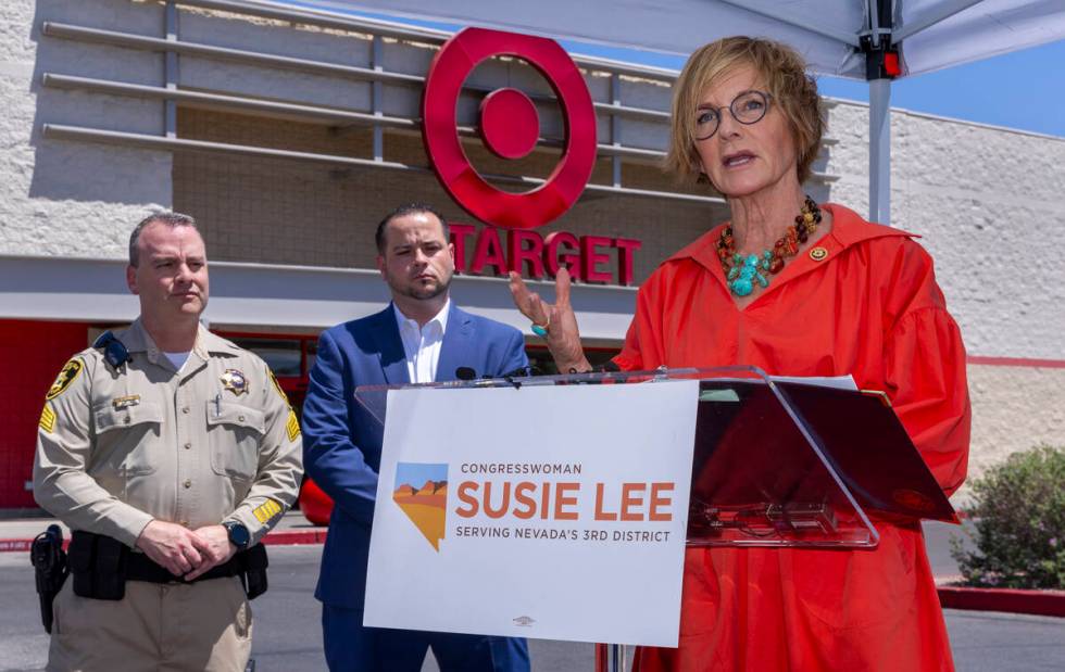 Congresswoman Susie Lee (NV-03) speaks during a press conference at a Target store with local l ...