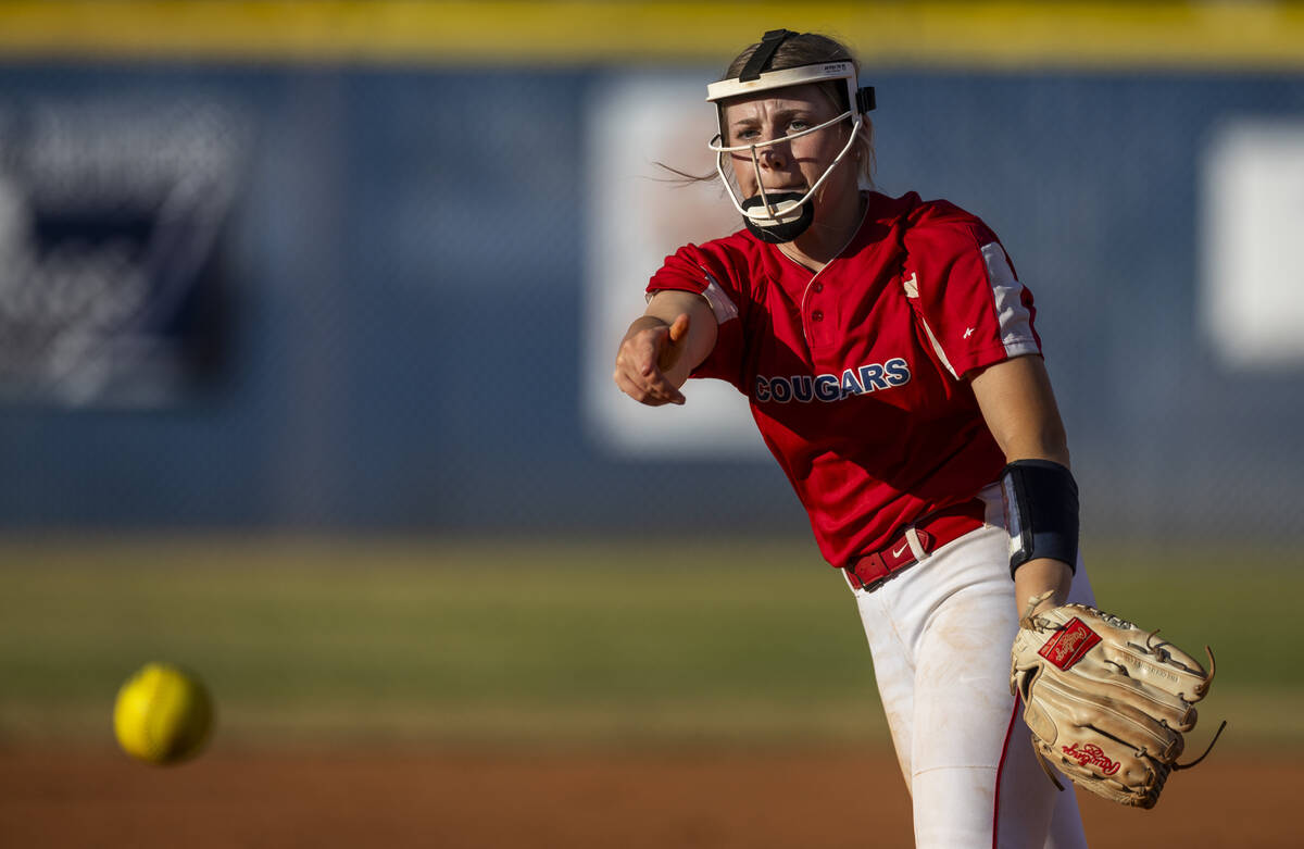 Coronado pitcher Kendall Selitzky sent a throw to the plate against a Shadow Ridge batter durin ...