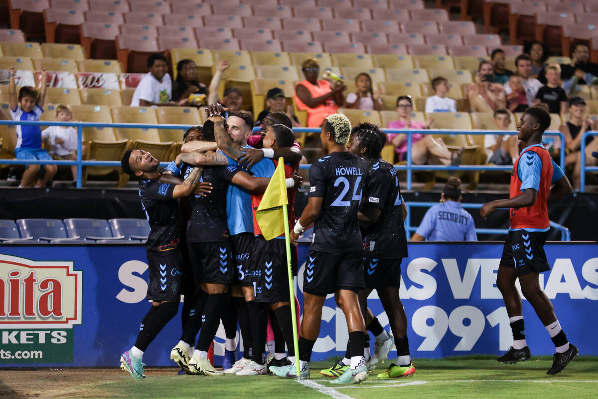 Las Vegas Lights FC celebrates their goal over Miami FC during a soccer match at Cashman Field ...