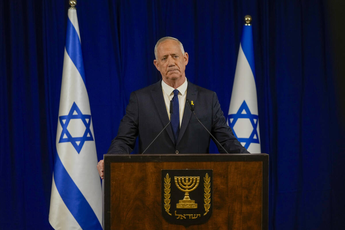 Benny Gantz, a centrist member of Israel's three-member War Cabinet delivers a statement in Ram ...