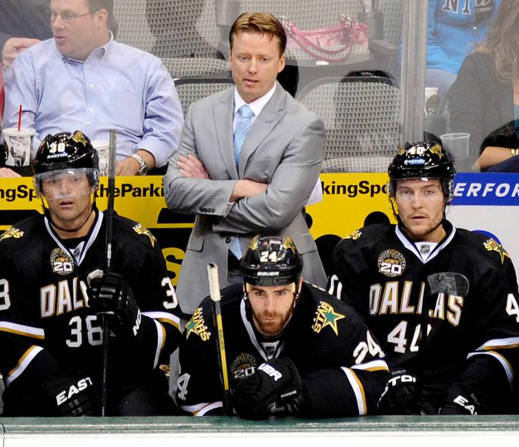 FILE- In this April 25, 2013, file photo, Dallas Stars head coach Glen Gulutzan watches play fr ...