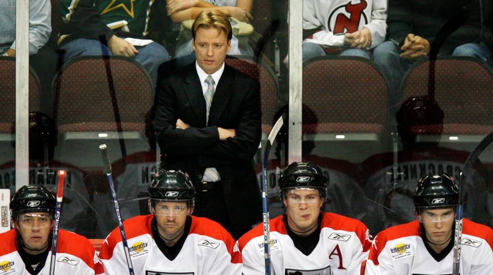 Las Vegas Wranglers head coach Glen Gulutzan watches his team's home opener against the Victori ...