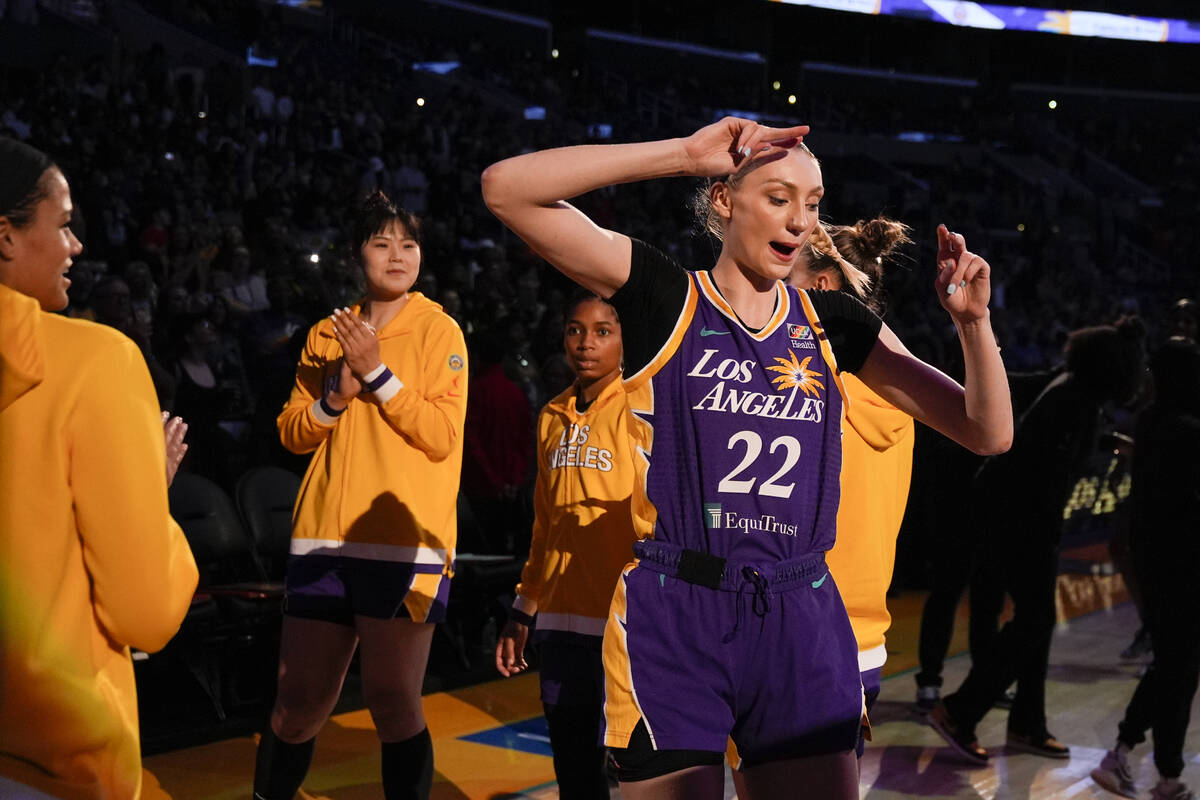 Los Angeles Sparks forward Cameron Brink is introduced before during a WNBA basketball game aga ...
