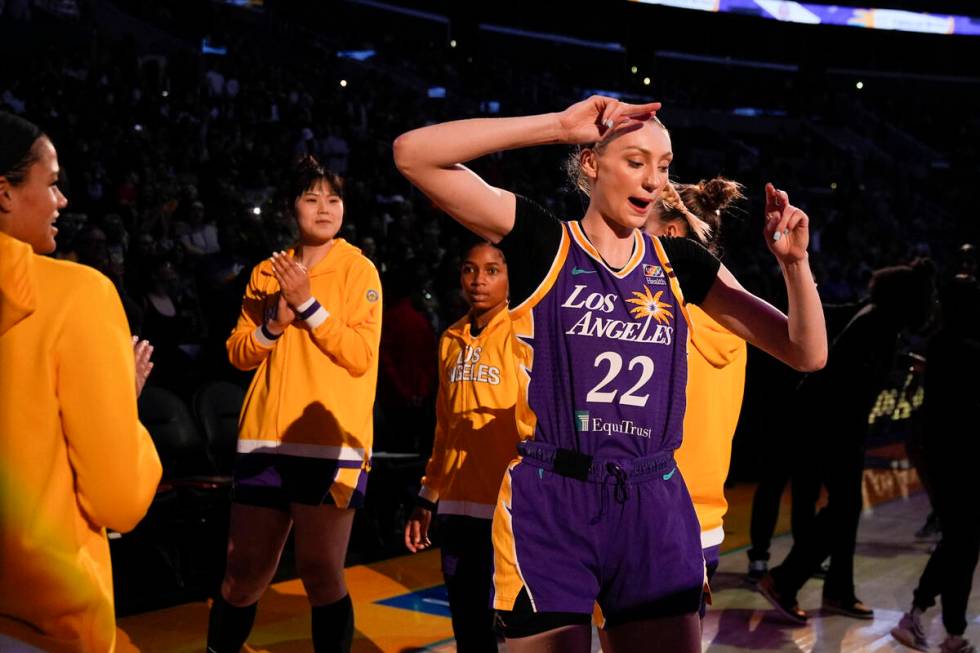 Los Angeles Sparks forward Cameron Brink is introduced before during a WNBA basketball game aga ...