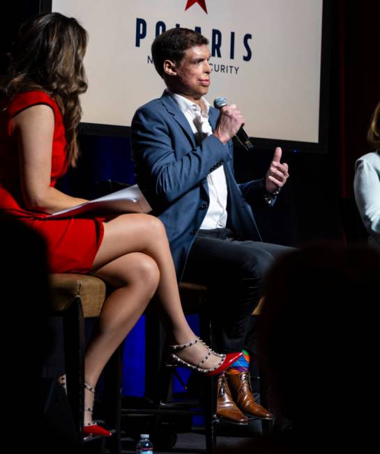 Sam Brown, Republican candidate for U.S. Senate, right, at Red Rock Resort on Monday, June 3, 2 ...