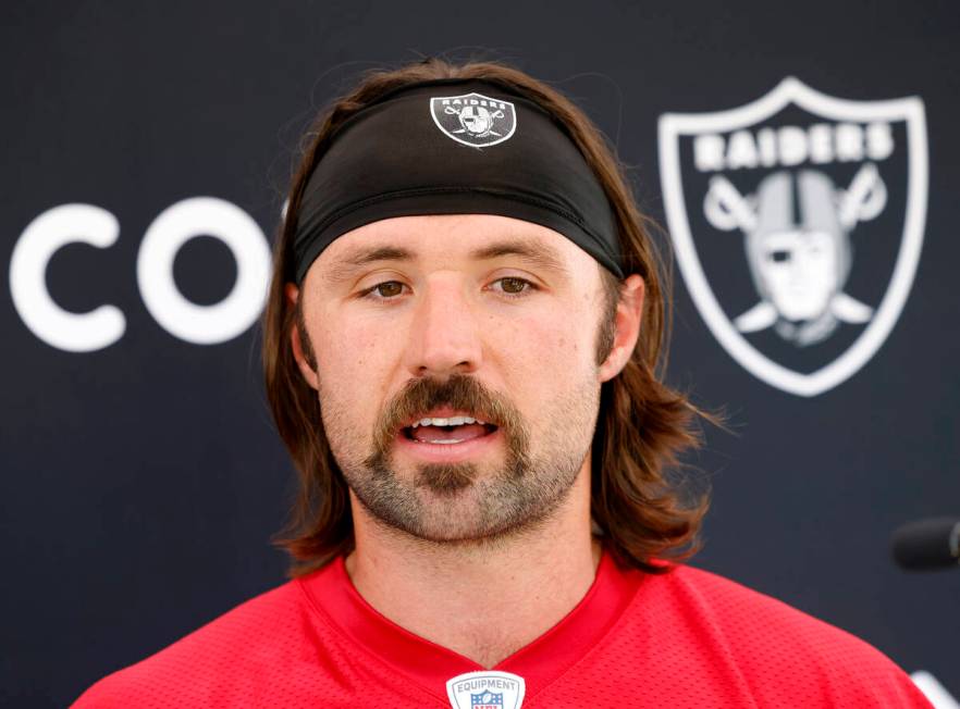 Raiders quarterback Gardner Minshew II addresses the media after organized team activities at t ...