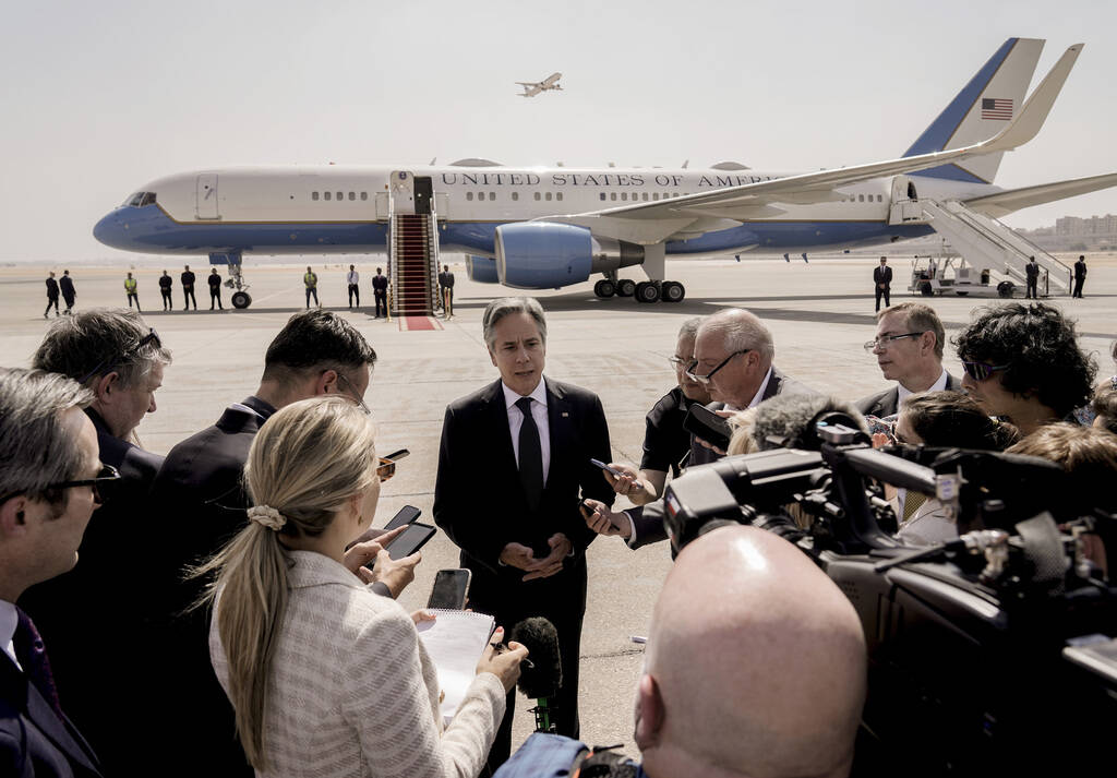 US Secretary of State Antony Blinken, speaks to reporters after his meeting with Egyptian Presi ...