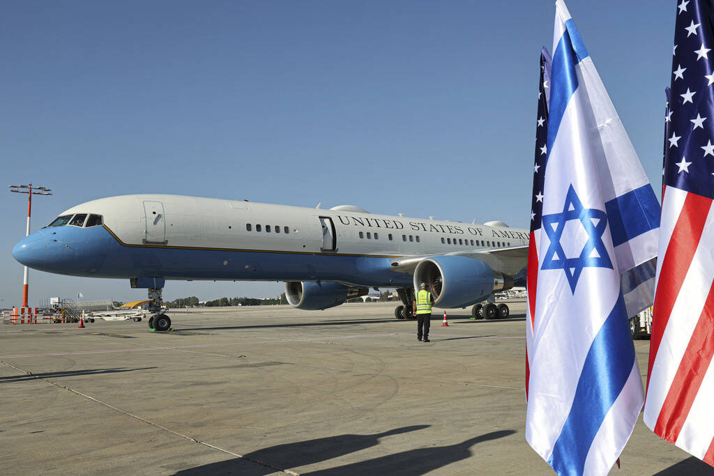 The aircraft of U.S. Secretary of State Antony Blinken arrives at Ben Gurion airport near Tel A ...