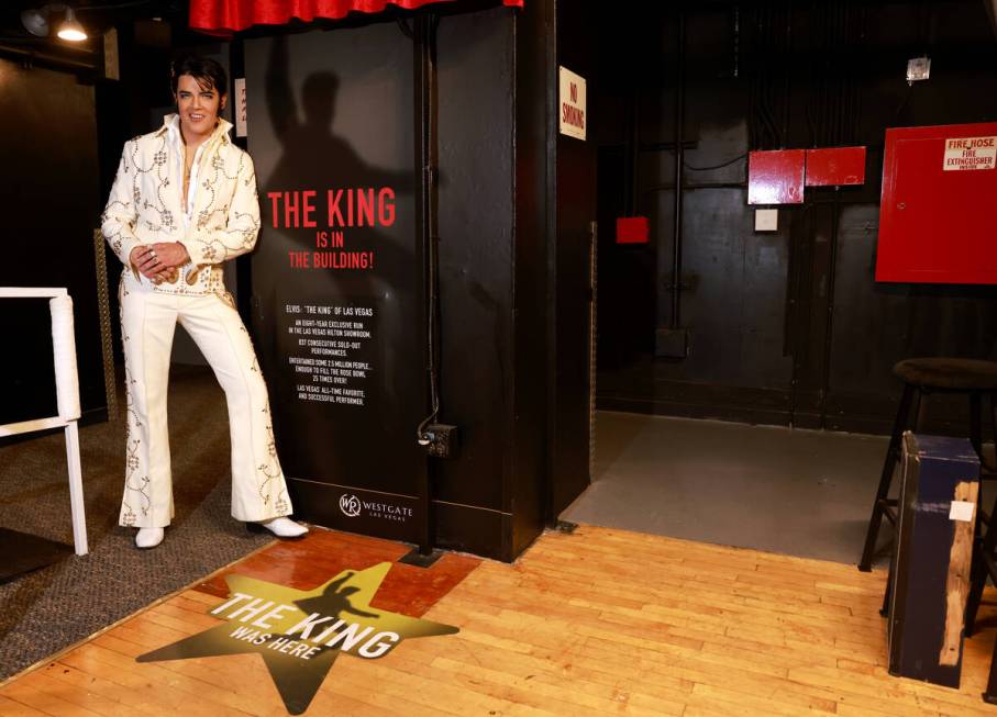 Elvis tribute artist Daniel Durston stands backstage at the Westgate in Las Vegas Friday, June ...