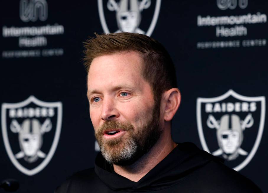 Raiders pass game coordinator Scott Turner addresses the media before an NFL football practice ...