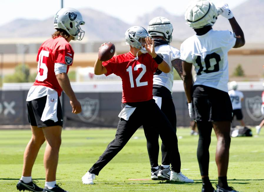 Raiders quarterback Aiden O'Connell (12) prepares to throw the ball as quarterback Gardner Mins ...