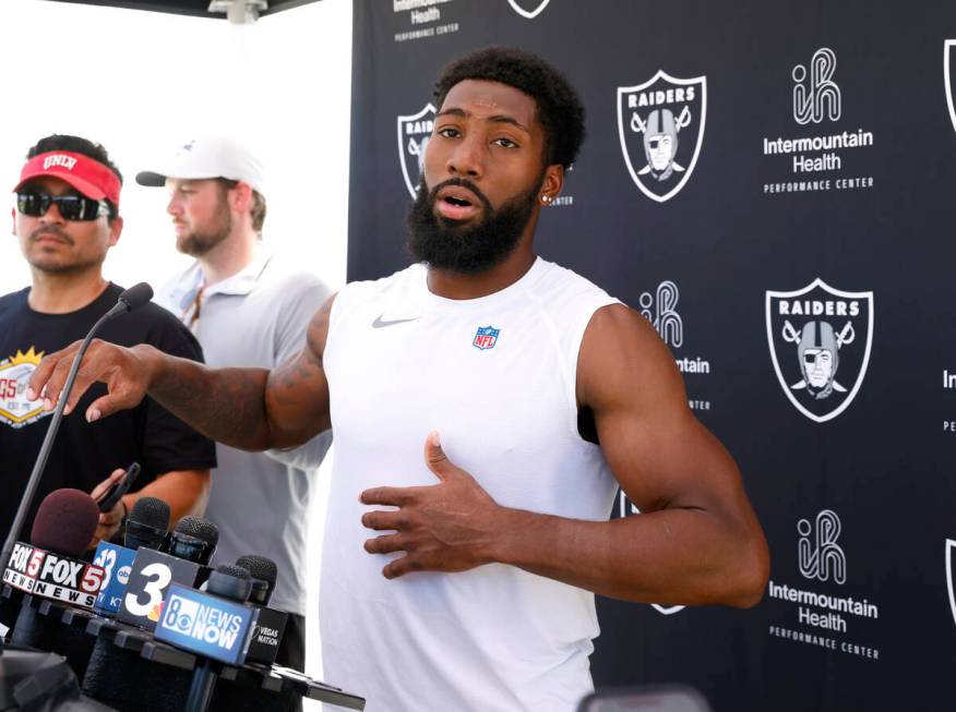 Raiders cornerback Nate Hobbs addresses the media after an NFL football practice at the Intermo ...
