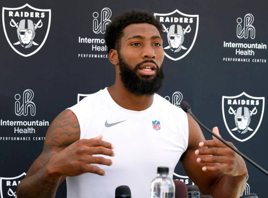 Raiders cornerback Nate Hobbs addresses the media after an NFL football practice at the Intermo ...