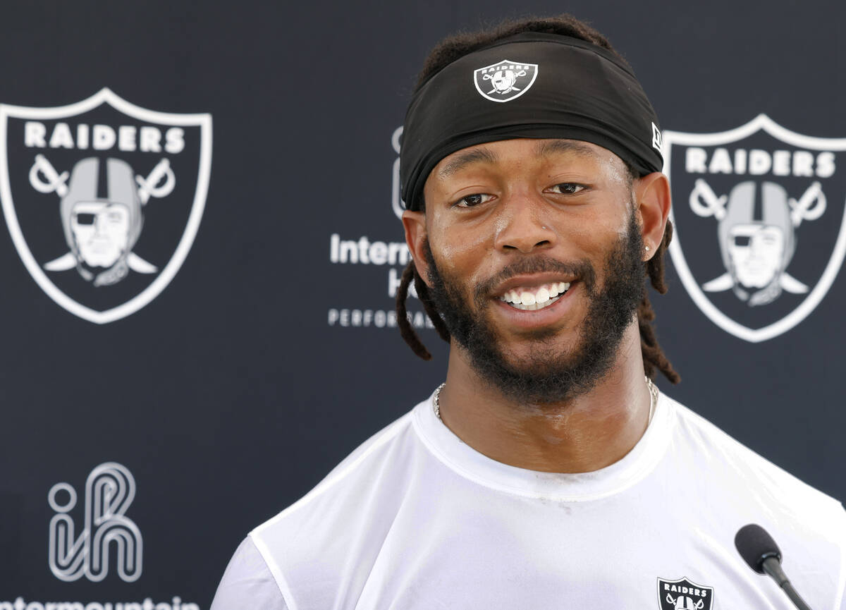 Raiders wide receiver Jakobi Meyers addresses the media after an NFL football practice at the I ...