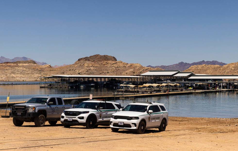 Lake Mead National Recreation Area park rangers are seen parked at the Las Vegas Boat Harbor, w ...