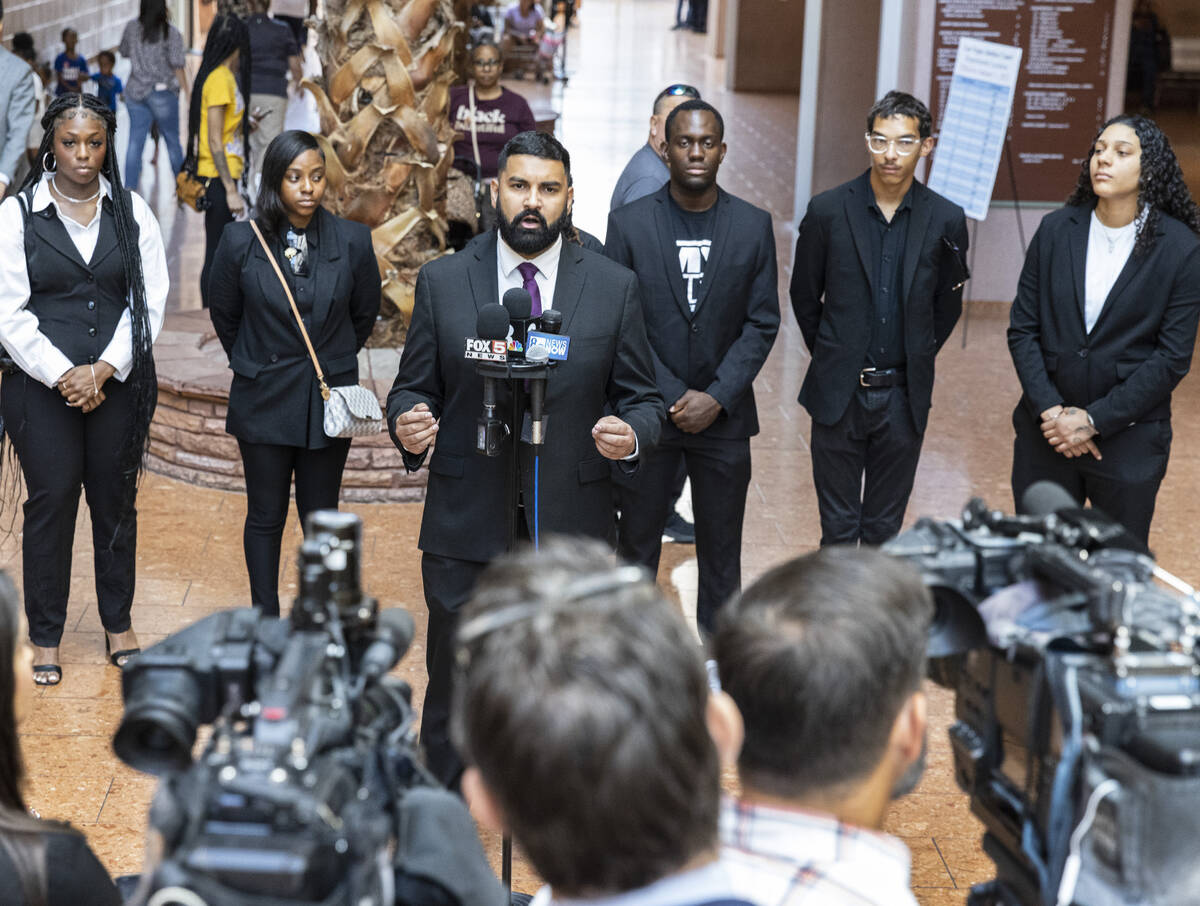 Athar Haseebullah, executive director of ACLU of Nevada, addresses the media before a court hea ...