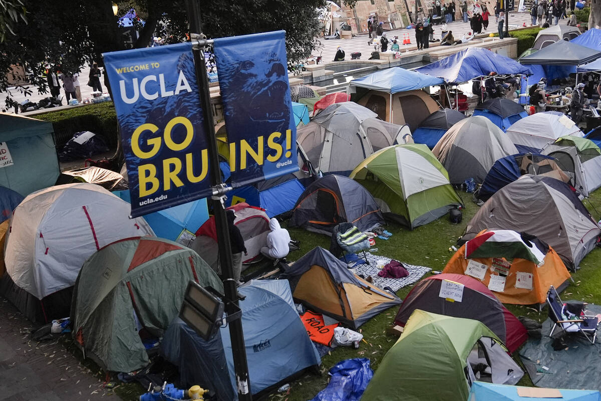FILE - Tents are placed on an encampment on the UCLA campus after clashes between pro-Israel an ...