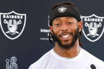 Raiders wide receiver Jakobi Meyers addresses the media after mandatory mini camp at the Interm ...