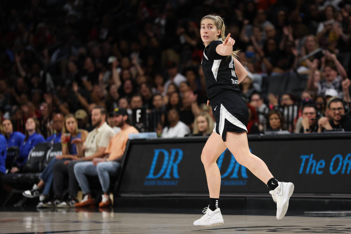 Las Vegas Aces guard Kate Martin (20) reacts after scoring a three-point basket during the firs ...