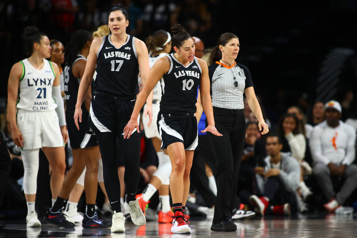 Las Vegas Aces guard Kelsey Plum (10) reacts after a conflict with Minnesota Lynx guard Natisha ...