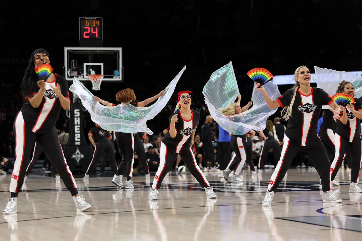 The High Rollers perform during the second half of a WNBA basketball game between the Las Vegas ...