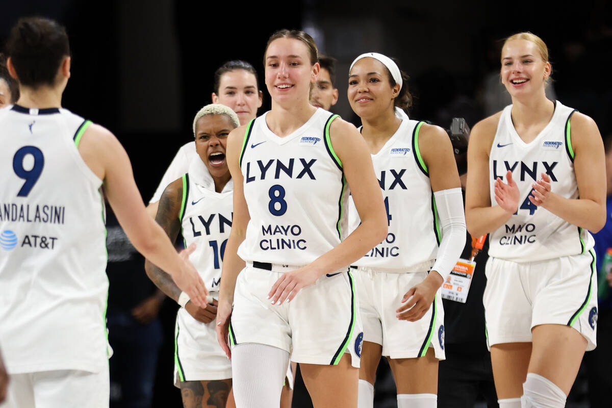 The Minnesota Lynx react after winning a WNBA basketball game against the Las Vegas Aces at Mic ...