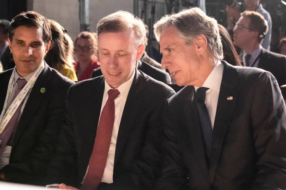 U.S. national security adviser Jake Sullivan, left, and Secretary of State Antony Blinken, wait ...