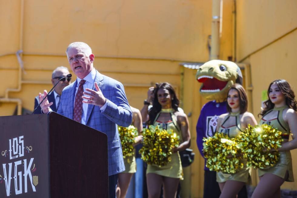 Golden Knights President Kerry Bubolz addresses the crowd at an event unveiling a Golden Knight ...