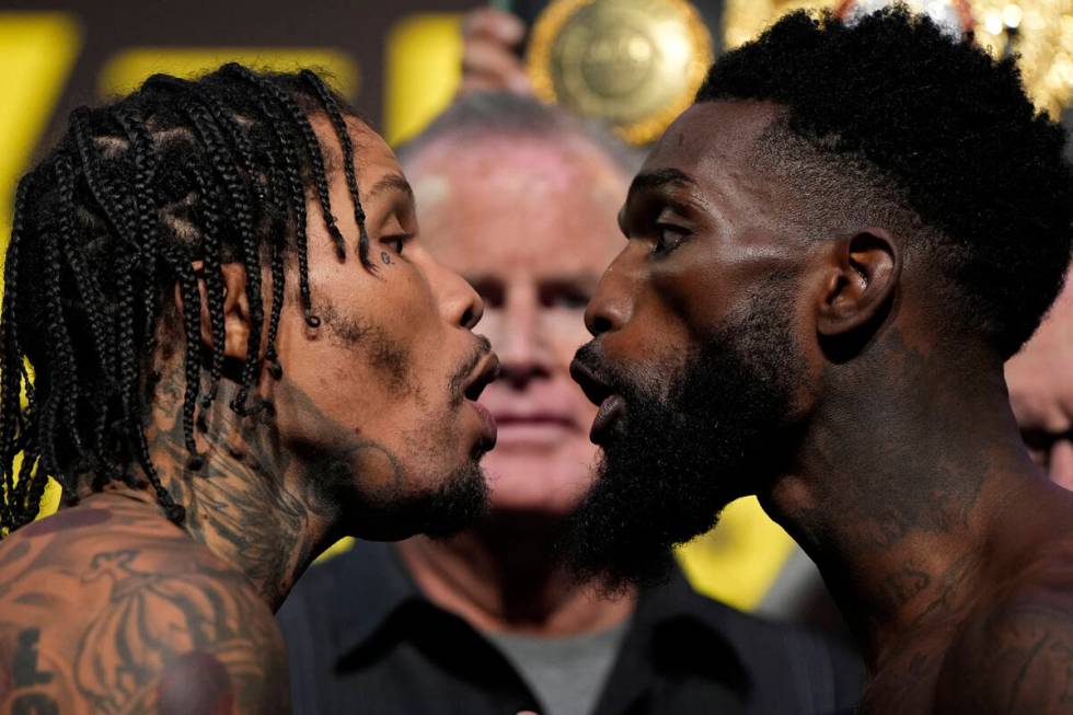 Gervonta Davis, left, and Frank Martin face off during a weigh-in for their upcoming fight Frid ...