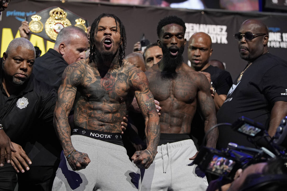 Gervonta Davis, left, and Frank Martin pose during a weigh-in for their upcoming fight Friday, ...
