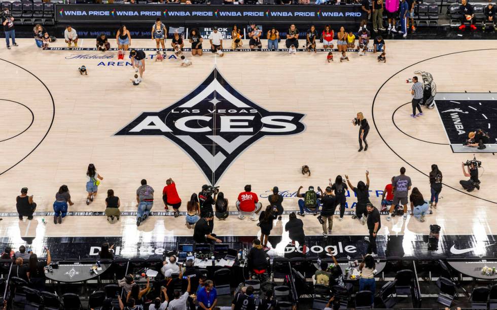 A baby race takes over the court at halftime during the Aces versus New York Liberty WNBA game ...