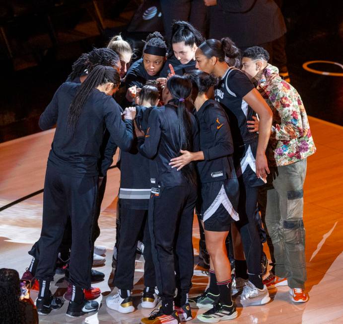 The Aces gather before the start of their WNBA game versus the New York Liberty at Michelob Ult ...