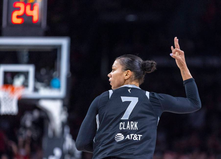 Aces forward Alysha Clark (7) celebrates a 3-point basket against the New York Liberty during t ...