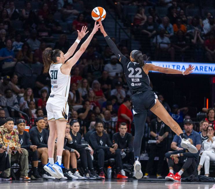 New York Liberty forward Breanna Stewart (30) has a shot blocked by Aces center A'ja Wilson (22 ...