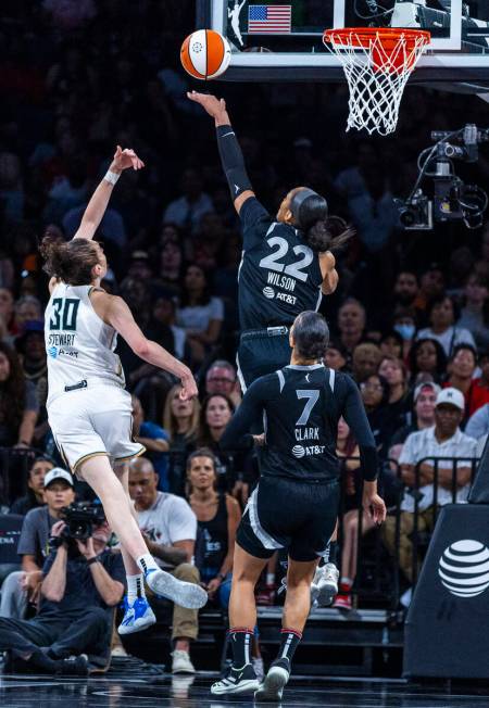 New York Liberty forward Breanna Stewart (30) has a shot blocked by Aces center A'ja Wilson (22 ...