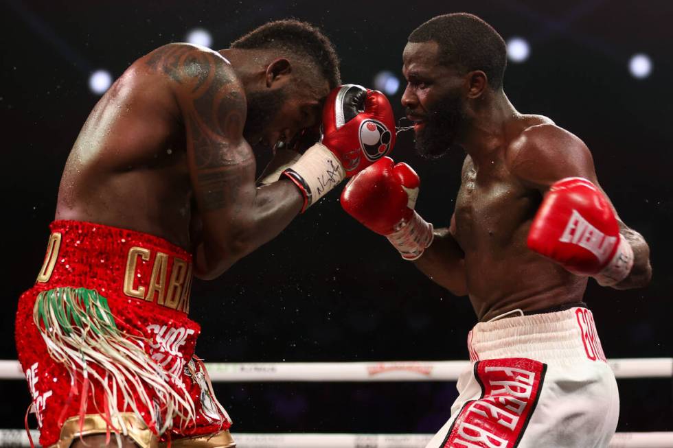 Carlos Adames, left, fights Terell Gausha during a WBC world middleweight championship boxing b ...