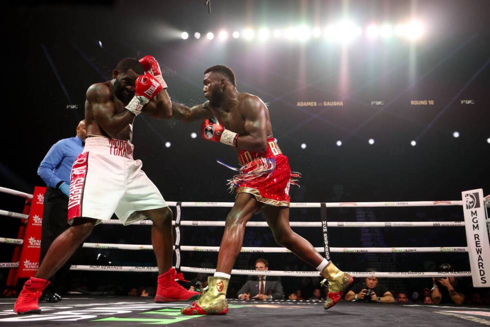 Carlos Adames, right, gets a right on Terell Gausha during a WBC world middleweight championshi ...