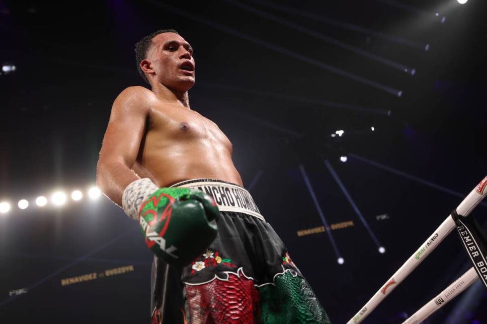 David Benavidez walks to the corner in between rounds during a WBC interim world light heavywei ...