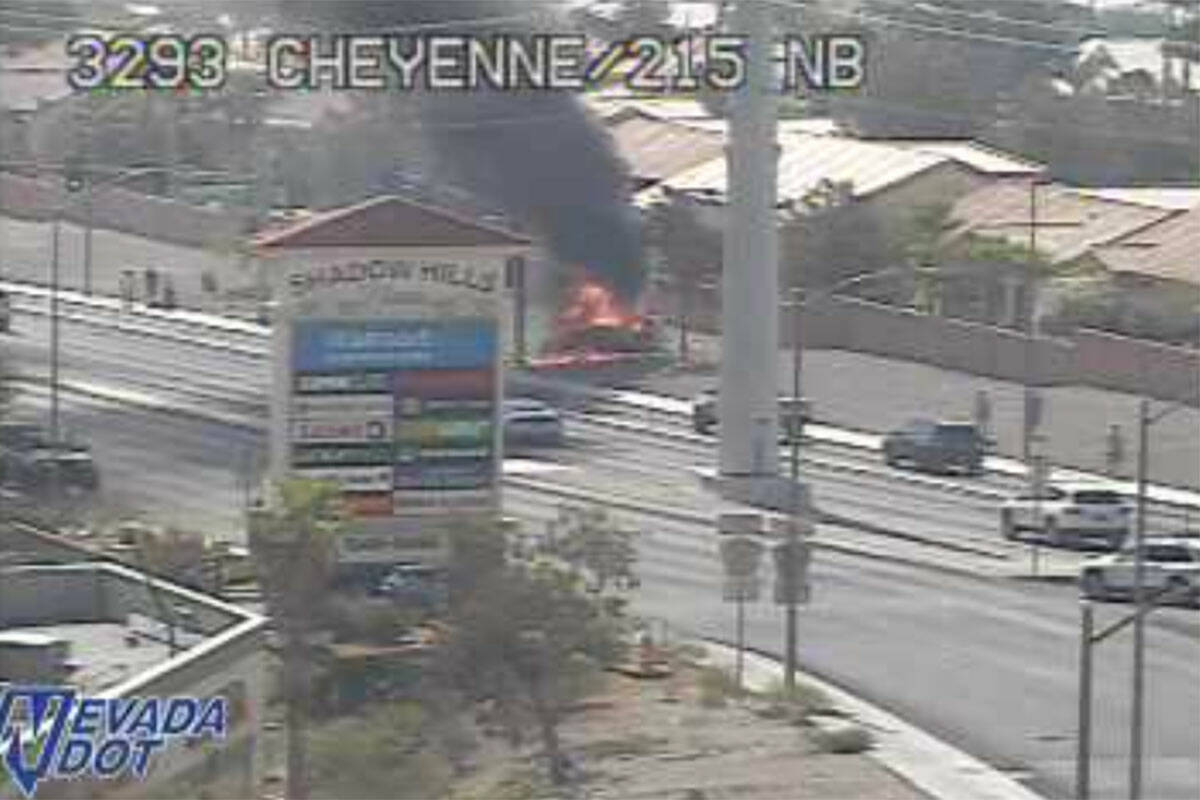 A traffic camera shows a car on fire on Cheyenne Avenue near the 215 Beltway on Sunday, June 16 ...
