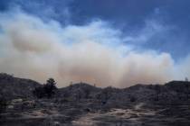 A plum of smoke from the Post Fire rises over a burned landscape, Sunday, June 16, 2024, in Leb ...