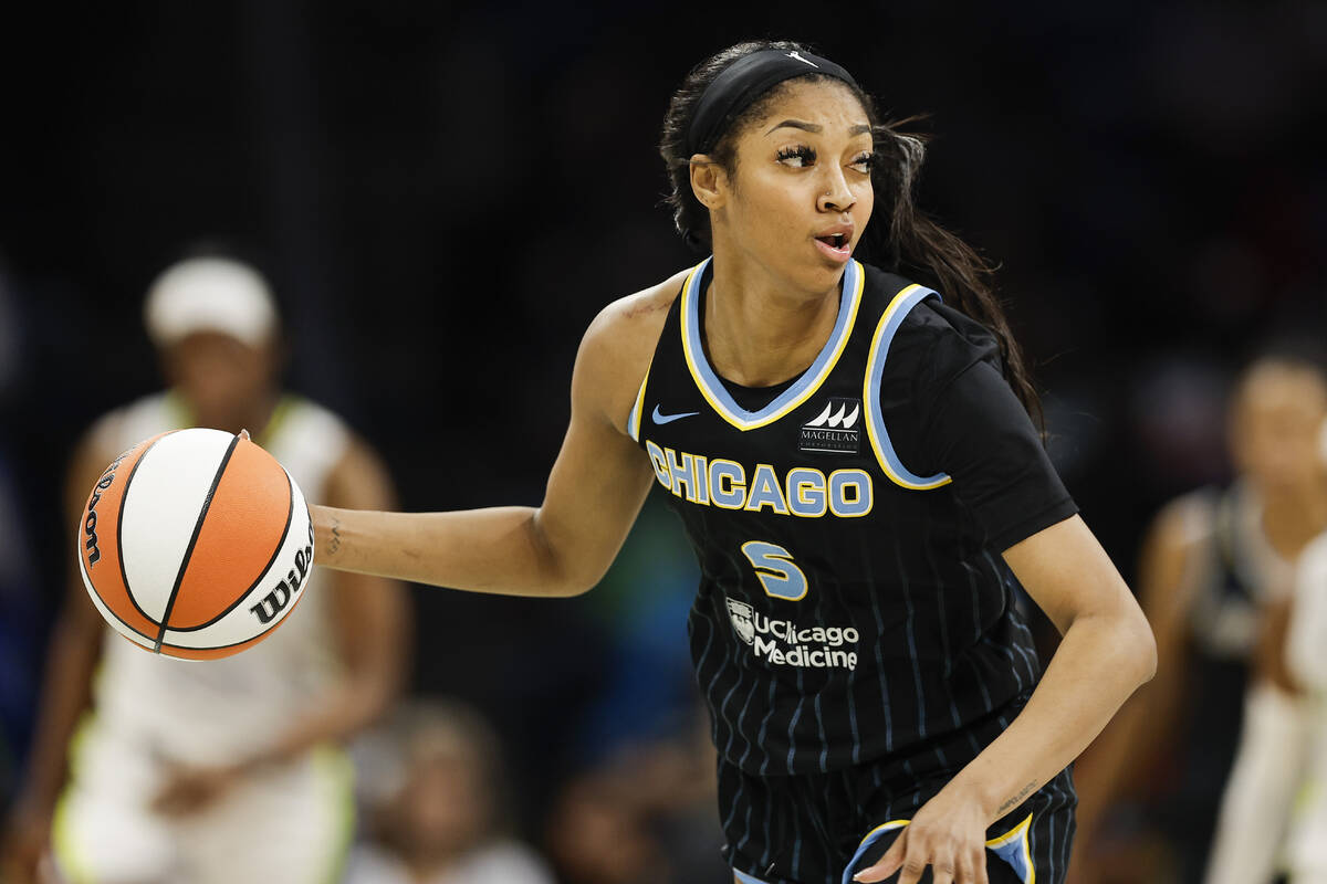 Chicago Sky forward Angel Reese (5) is seen during a WNBA basketball game against the Dallas Wi ...