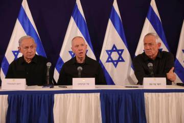 From left, Israeli Prime Minister Benjamin Netanyahu, Defense Minister Yoav Gallant and Cabinet ...