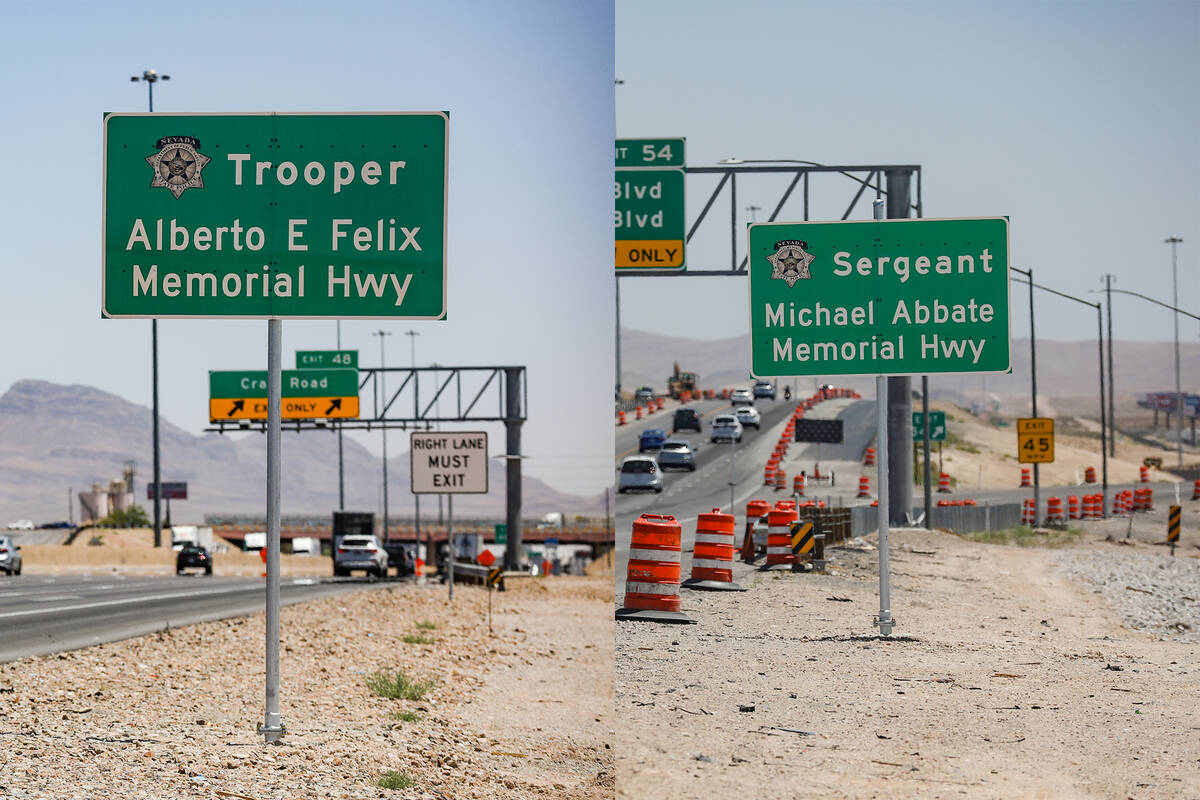 Memorial signs dedicated to Nevada Highway Patrol trooper Alberto Felix and Sgt. Michael Abbate ...