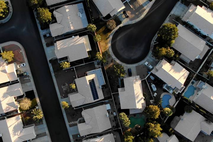 Aerial view of homes near Raton Drive and Mescalero Trail in Henderson, Nevada in 2019. (Las Ve ...