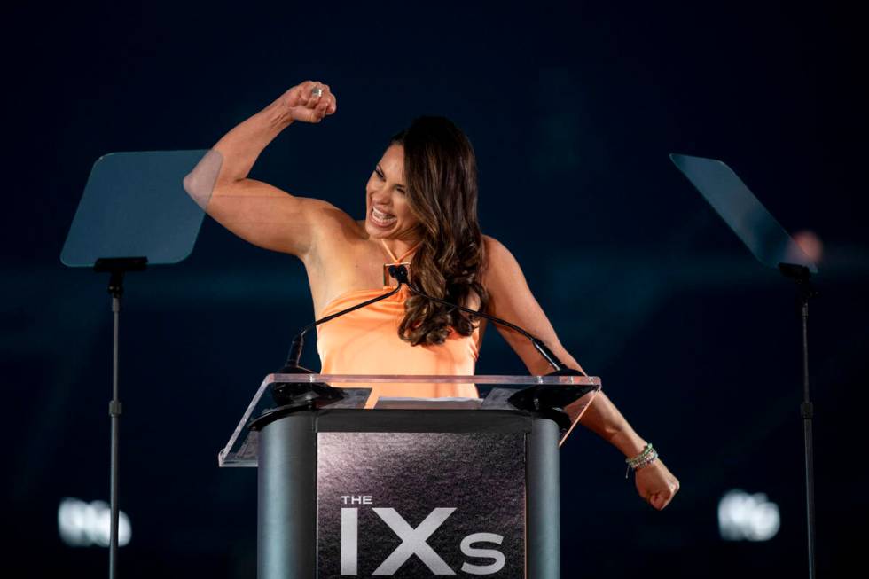 Jessica Mendoza prepares the crowd for the first award of the night during The IX Awards ceremo ...