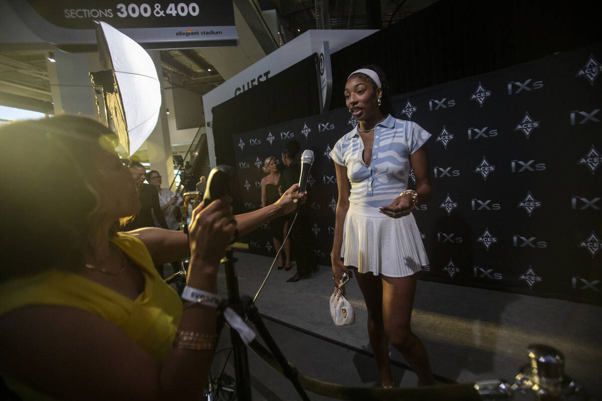 Newly signed Aces’ center Jessika Carter is interviewed during The IX Awards ceremony on ...