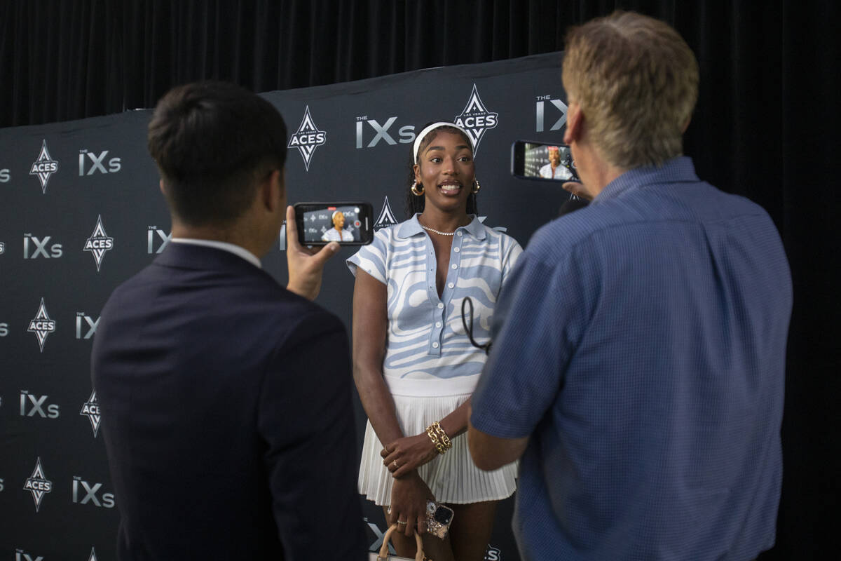 Newly signed Aces’ center Jessika Carter is interviewed during The IX Awards ceremony on ...