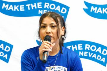 Reyna Valdivies, of Make the Road Nevada, speaks during a press conference, on Monday, June 17, ...