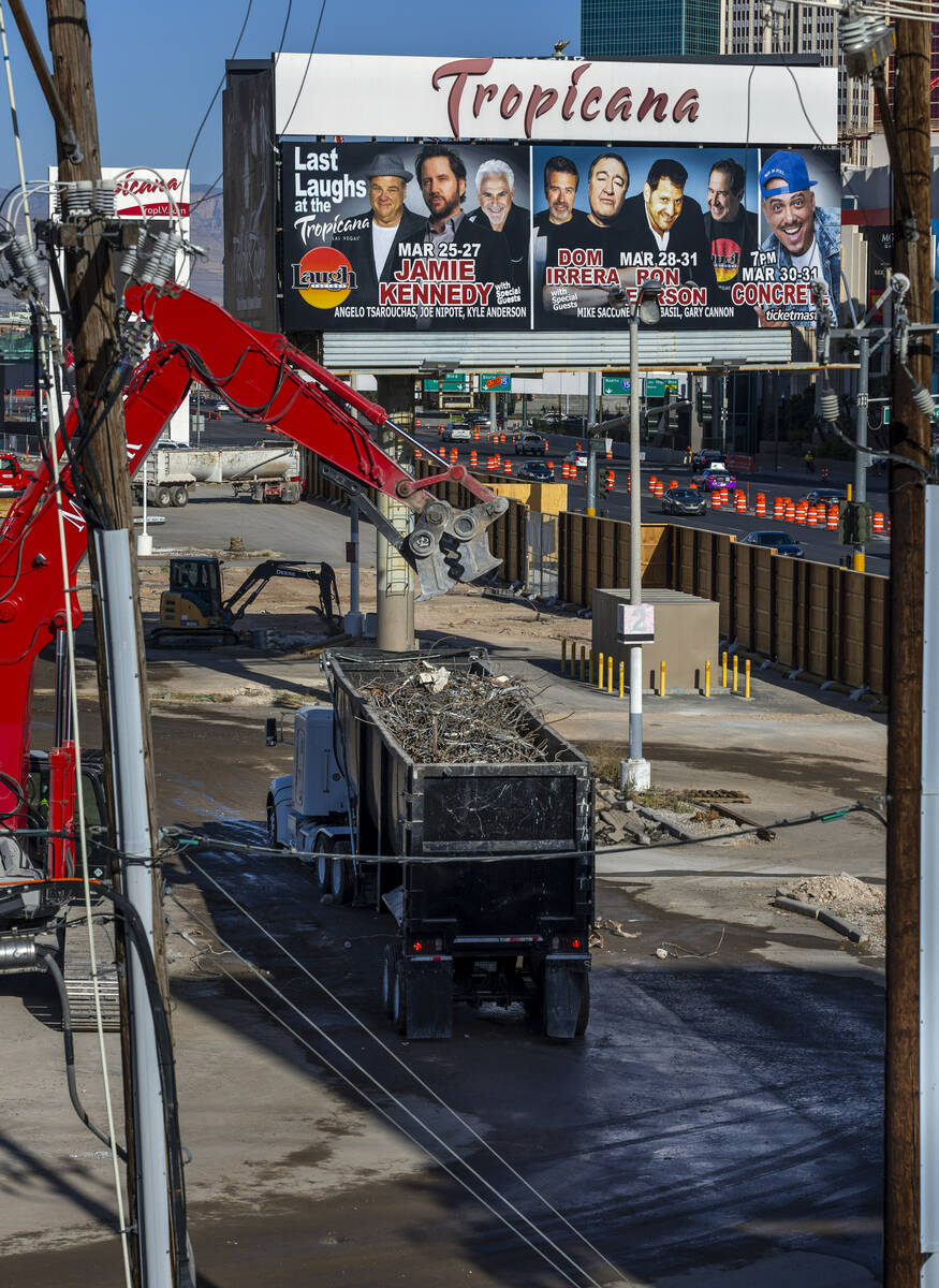 Scrap is loaded for transport as demolition continues on the Tropicana in preparation for an im ...