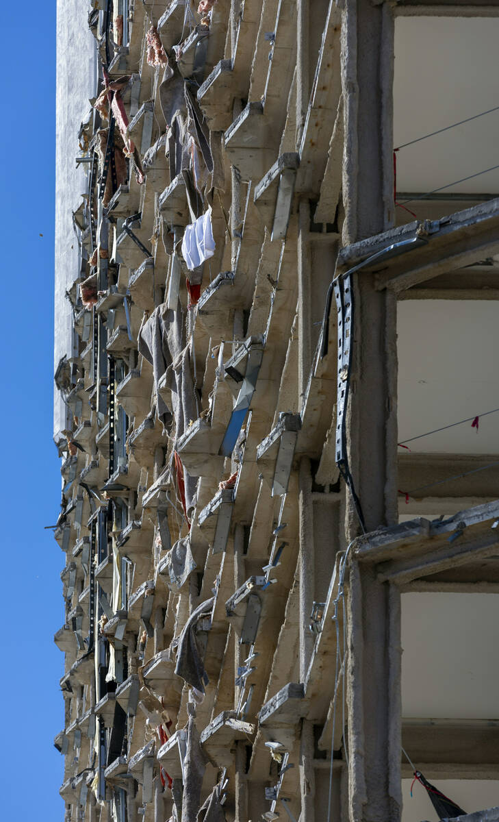 Some debris remains on the stripped floors of the tower as demolition continues on the Tropican ...